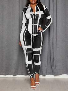 Slaydiva Conjunto elegante y casual de pantalones y blusa de manga larga a cuadros con tirantes para mujer - Blanco y Negro - Ver 2