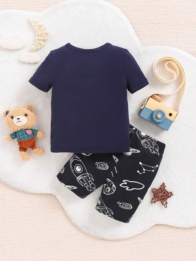 Baby Boy Snug Fit Cartoon Printed Short Sleeve T-Shirt And Shorts Set With Round Neck