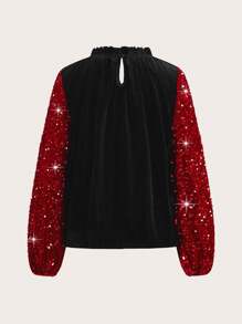 SHEIN Clasi Contrast Sequin Lantern Sleeve Frill Neck Velvet Blouse - Black - View 2