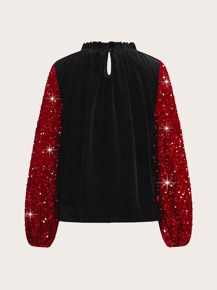 Contrast Sequin Lantern Sleeve Frill Neck Velvet Blouse