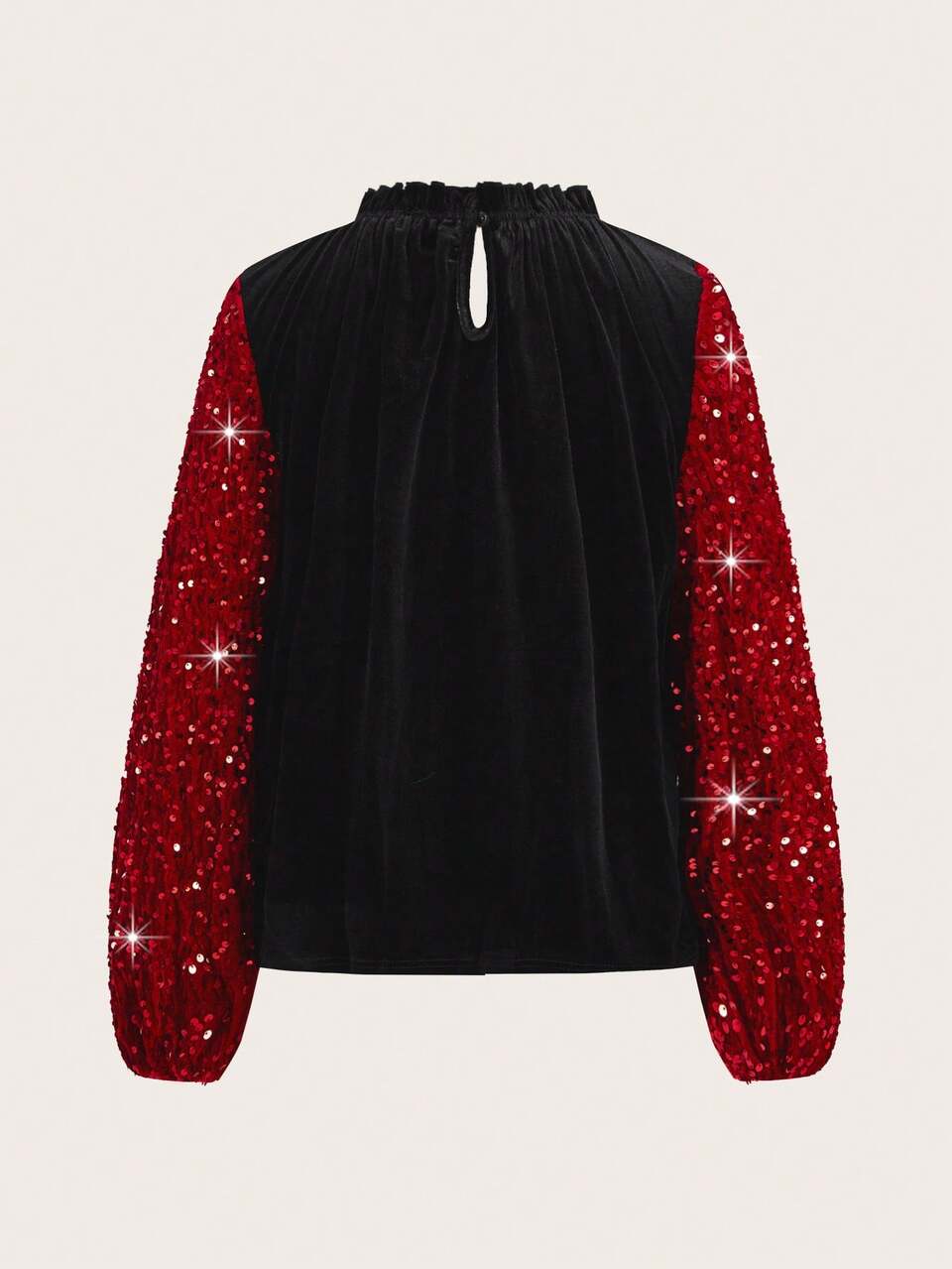 Contrast Sequin Lantern Sleeve Frill Neck Velvet Blouse