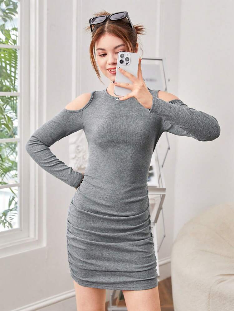 Teen Girl Cold Shoulder Ruched Dress