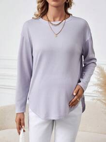 SHEIN 弧形下擺孕婦純色落肩 T 卹 - 紫色 - 查看 1