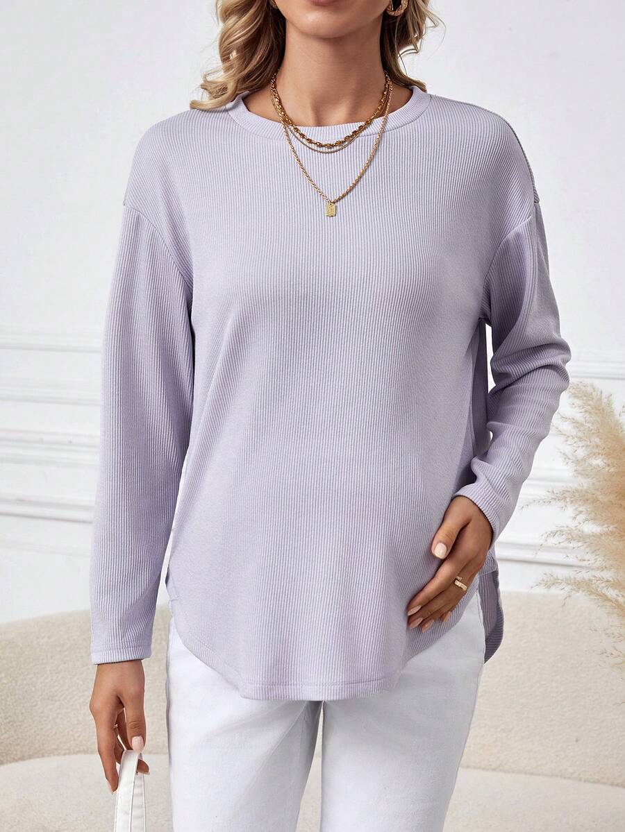 SHEIN 弧形下擺孕婦純色落肩 T 卹 - 紫色 - 查看 1