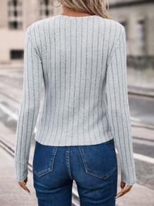 SHEIN LUNE Solid Color Ribbed Knit T-Shirt - Grey - View 2