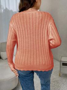 Celure Plus Size Shell Edge Rhinestone Decoration Pullover Sweater - Burnt Orange - View 2