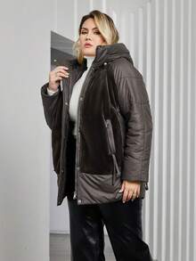 Astrid Plus Size Color Block Raglan Sleeve Hooded Padded Coat For Winter - Brown - View 3