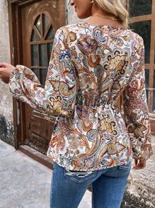 SHEIN VCAY All Over Printed Lantern Sleeve Blouse - Multicolor - View 2