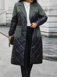 Calvaya 大码拼色翻领加厚棉服外套冬季 - 軍綠色 - 查看 5