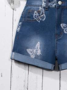 Tween Girl Casual Streetwear Butterfly Print Stretch Rolled Hem Denim Shorts, School, Campus, College