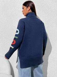 SHEIN EZwear Plus Size High Neck Love Pattern Sweater - Navy Blue - View 2