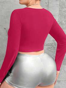 SHEIN MOOSTA 大尺寸純色鏤空交叉繫帶短版 T 卹 - 玫紅色 - 查看 2