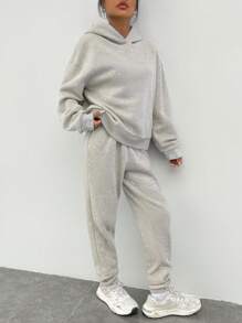 SHEIN EZwear Bộ 2 món áo hoodie xám chui đầu áo nỉ & quần ống rộng cho nữ, đồ mặc nhà thường ngày, thích hợp cho mùa thu đông - Màu Xám nhạt - Xem 3