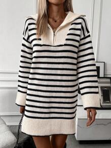 SHEIN Essnce 女款拉鍊半開襟條紋毛衣連衣裙 - 彩色 - 查看 5