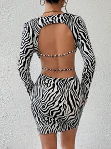 SHEIN Essnce 女士斑馬印花露背長袖緊身連身裙 - 黑與白 - 查看 4