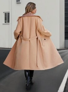 SHEIN Essnce 女式大翻領雙排扣束腰毛呢大衣 - 駝色 - 查看 1