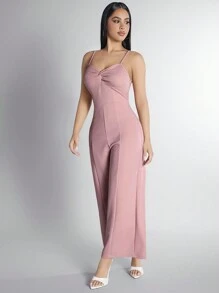 SHEIN PETITE Knotted Detail Spaghetti Strap Wide Leg Jumpsuit - Pink - View 4