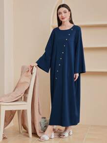 Al Najma 純色長袖連衣裙,帶模擬鈕扣設計 - 藍色 - 查看 4