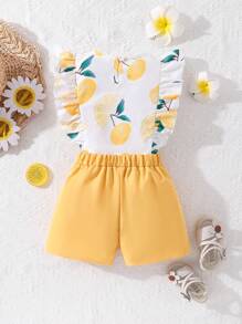 Baby Girls' Lemon Print Ruffle Trim Top And Shorts Set - Yellow - View 2