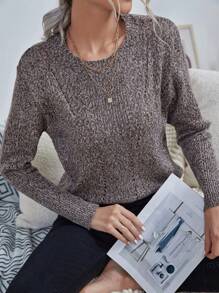 SHEIN LUNE Round Neck Casual Pullover Sweater - Mocha Brown - View 1