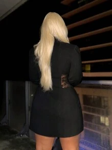 Shein Sxy大尺碼蕾絲拼接雙排扣套裙性感時尚俱樂部情人節裝扮 - 黑色 - 查看 2