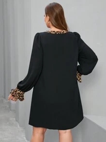 SHEIN Clasi 大尺碼豹紋印花凸緣領拼接娃娃袖夏季黑色連衣裙 - 彩色 - 查看 4