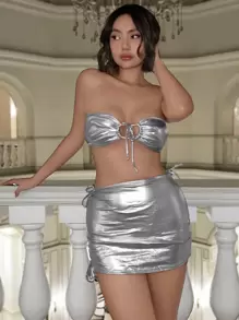 Swim EVENT Conjunto de bikini bandeau con detalle de cordón, con acabado brillante, para el verano - Plateado - Ver 3