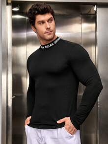 GENTILAND 男士立領字母印花長袖t恤 - 黑色 - 查看 5