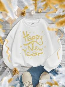 適用於秋冬季的青少年女孩圓領長袖休閒運動衫,印有2024新年印花圖案