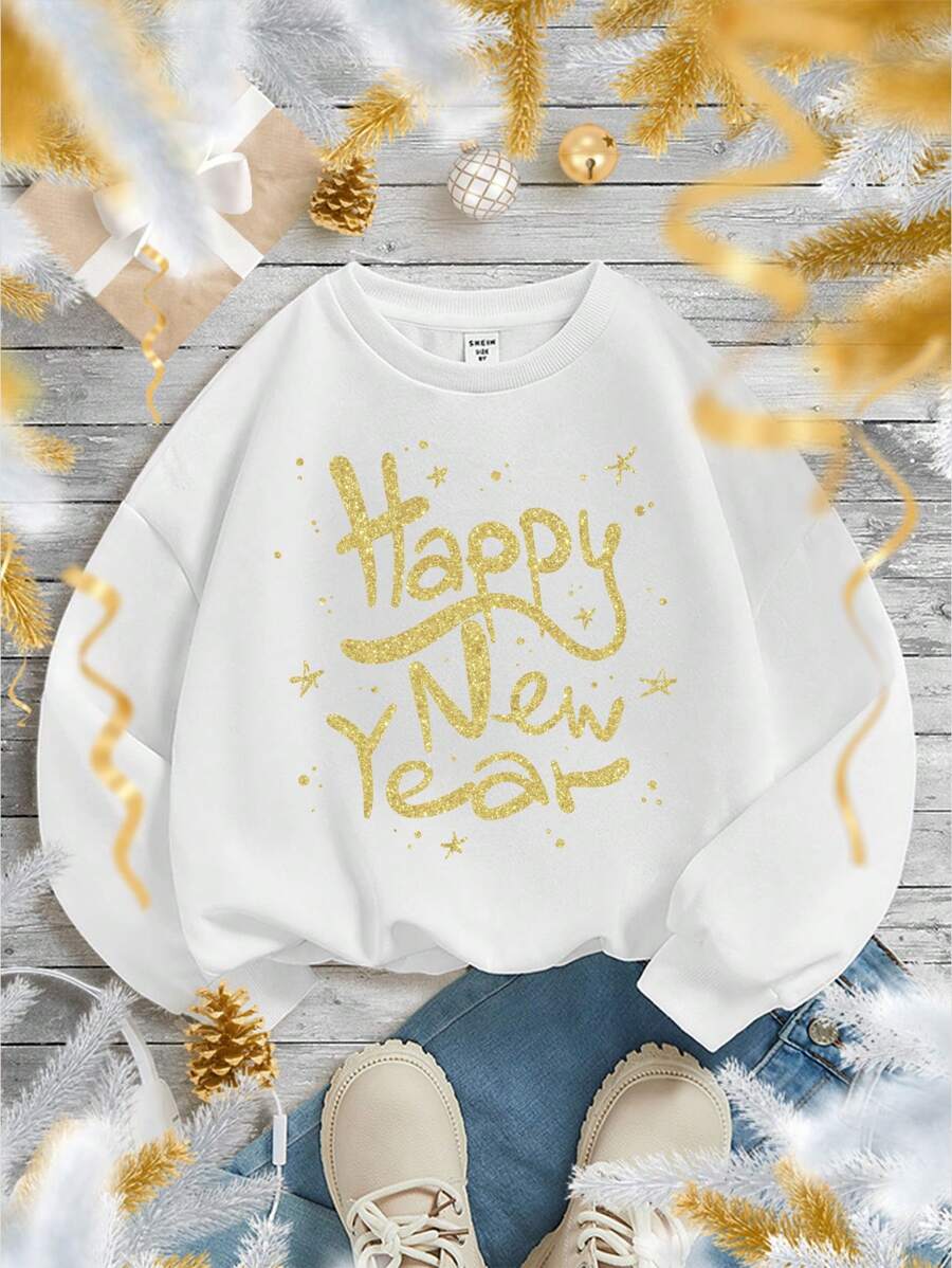 適用於秋冬季的青少年女孩圓領長袖休閒運動衫,印有2024新年印花圖案