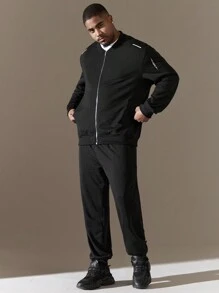 SHEIN Manfinity Homme Nam Kích thước lớn Giải trí Dây kéo Áo khoác Và Quần Bộ - màu đen - Xem 5