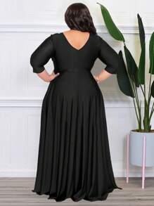 Vestido elegante negro de primavera con cuello en V y volantes para mujer talla grande - Negro - Ver 4