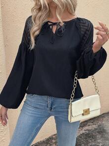 SHEIN Clasi Mesh Spliced Lace-up Long Sleeve Shirt - Black - View 3