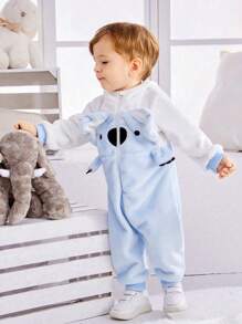 SHEIN Baby Boy Cartoon Embroidery 3D Ear Design Hooded Jumpsuit - Blue and White - View 6