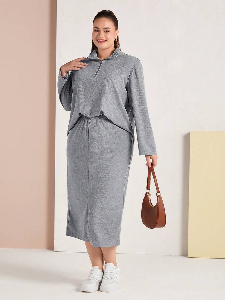 Plus Size Zipper Half-Placket Long Sleeve Top And Skirt Two Piece Set