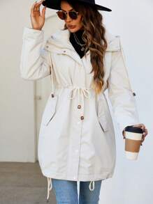 SHEIN Unity 女士连帽加厚棉服外套冬季带抽绳腰带 - 米色 - 查看 4