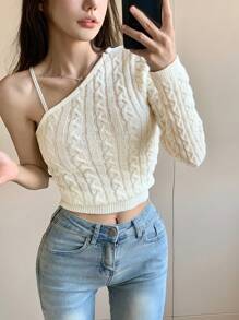 DAZY Áo len dài tay hở một bên vai dành cho nữ - trắng - Xem 1