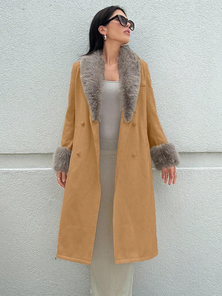 Women'S Colorblocked Woolen Coat With Fur Collar And Long Sleeves