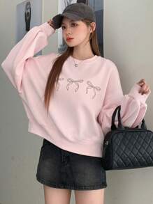 DAZY Sudadera con mangas caídas y estampado de lazo, ropa de otoño - Rosa - Ver 4
