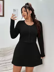 SHEIN EZwear 大尺碼女士針織開衫和連衣裙兩件套裝 - 黑色 - 查看 3