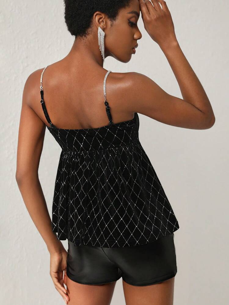 Designer Women Rhinestone Strap Glitter Peplum Cami Top, For Summer, Holiday, Going Out, Festival