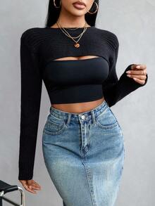 SHEIN EZwear Long Sleeve Super Crop Sweater - Black - View 3