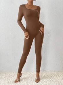 SHEIN PETITE Enterizo De Manga Larga Y Ajustado De Un Solo Color - Café integral - Ver 6