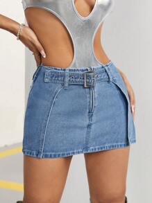 SHEIN ICON Falda De Mezclilla Lavada - Azul lavado medio - Ver 3