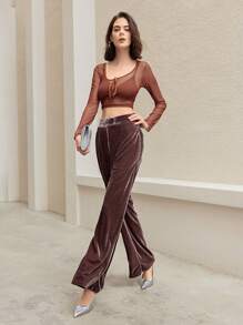 Anewsta Elastic Waist Velvet Trousers - Brown - View 1