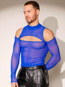 FeverCity Men'S Perspective Net Mesh T-Shirt With Hollow Out Detail - Royal Blue - View 3