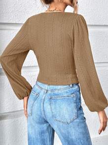 SHEIN Privé Lantern Sleeve Pleated T-Shirt - Khaki - View 2