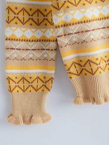 SHEIN Cô gái In Hình học Nút Lên Áo len Mở Và Ruffled Hem Váy dệt kim Bộ - Màu be - Xem 8