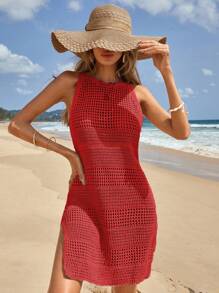 RueChic Solid Color Backless Cover Up Dress - Red - View 1