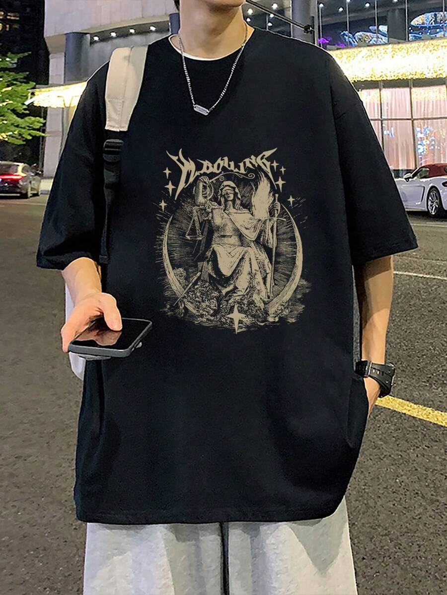 男士天使和文字圖形短袖t恤 - 黑色 - 查看 1